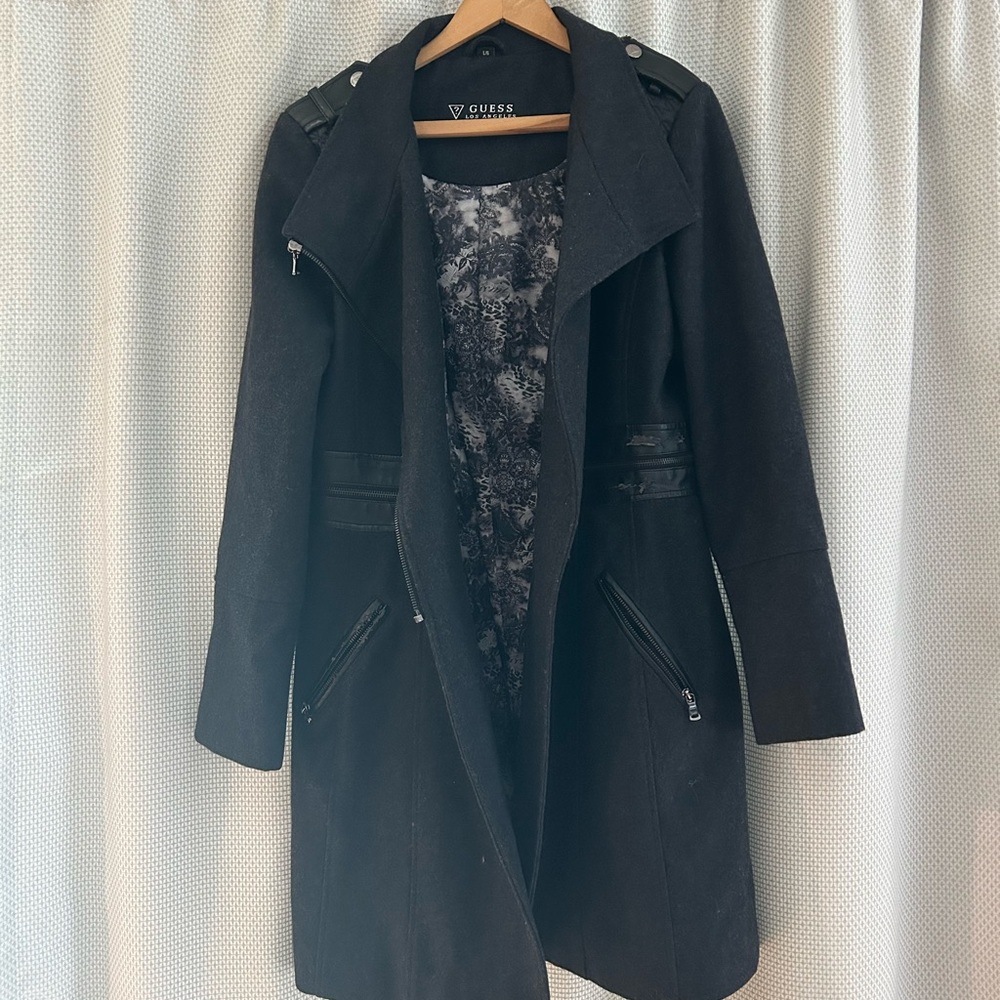 Guess Black Trench Coat with Wool-Blend and Structured Design